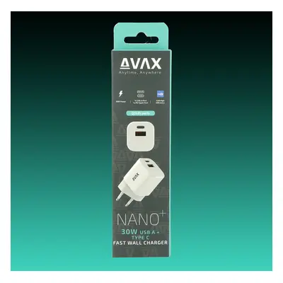 AVAX CH640W NANO+ 30W GaN Hálózati Gyorstöltő adapter USB-C (PD3.0)+ USB A (QC4.0+), fehér