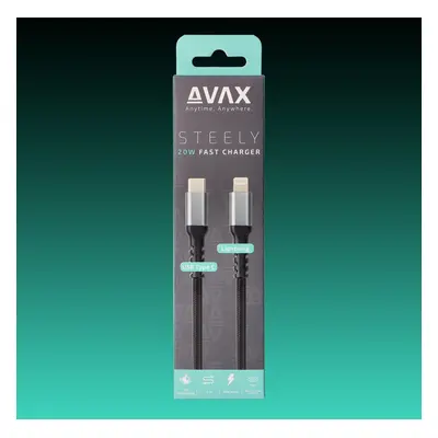 AVAX CB402G STEELY USB-C - Lightning gyorstöltő kábel 27W, sodorszálas, 3A, 1.5m acélszürke