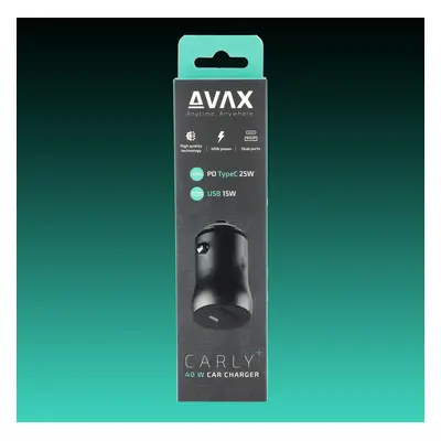 AVAX CC601B CARLY+ 40W Gyors autós töltő USB-C (PD) + USB A (QC), fekete