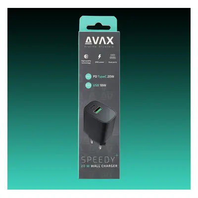 AVAX CH600B SPEEDY+ 20W Gyorstöltő adapter USB-C (PD)+ USB A (QC), fekete