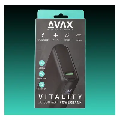 AVAX PB202B VITALITY PD/USB-C 65W+QC 18W 20.000mAh gyorstöltő powerbank, fekete