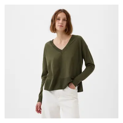 Pulóver GAP Longsleeve Linen Split Hem Pullover Sweater Ripe Olive