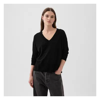 Pulóver GAP Longsleeve Linen Split Hem Pullover Sweater Black