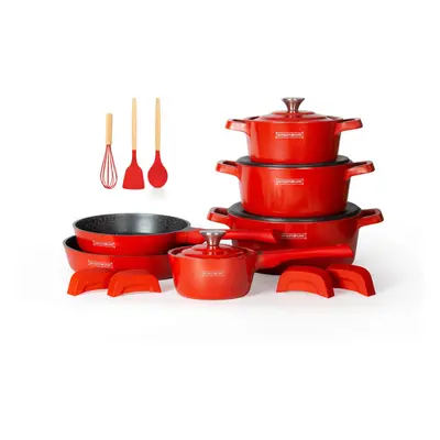 Royalty Line RL-OS1014M RED: 17 Pieces Die Cast Aluminum Marble Coated Cookware Set - Red