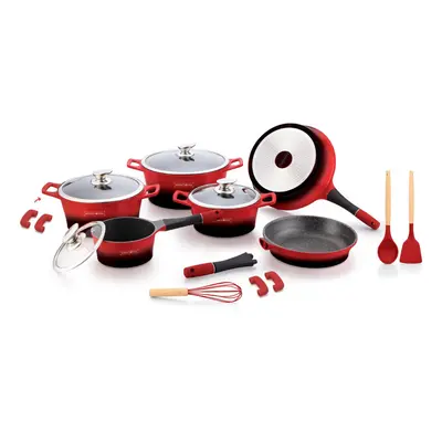 Royalty Line RL-ES1014M: 17 Pieces Marble Coated Cookware Set Red/Black