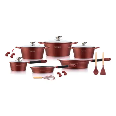 Royalty Line RL-ES1014M: 14 Pieces Marble Coated Cookware Set Burgundy