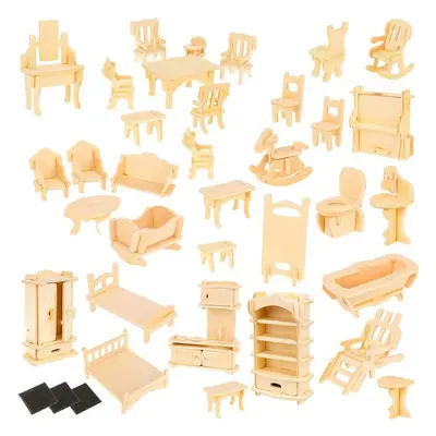 Set of wooden doll furniture, 34 pieces