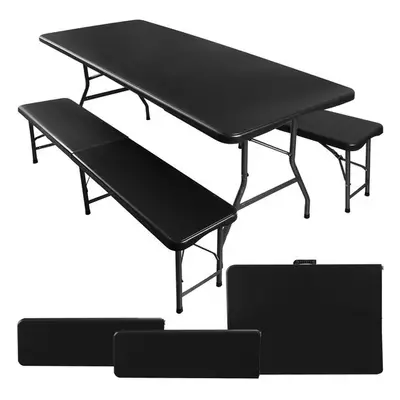 Folding garden table 180cm + 2 benches - black