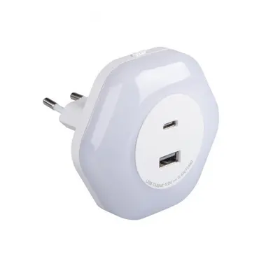 LED lámpatest , éjszakai irányfény , 2 db USB csatlakozóval (USB-A + USB-C) , 0.22W/15W , meleg 