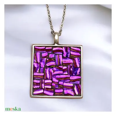 Fénylő színváltós pink mozaik nyaklánc vagy ékszerszett - Dichroic üveggel, nemesacél szerelékek