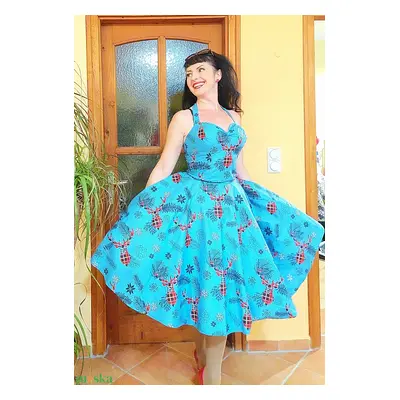 Pinup Rockabilly ruha, LIMITÁLT, szarvasok, skótkockás karácsonyi mintás piros hópehely