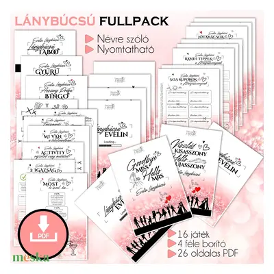 Lánybúcsú FULLPACK feladatgyűjtemény/ 26 oldalas nyomtatható PDF/ a menyasszony nevével, ajándék