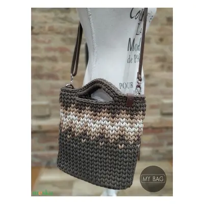 Horgolt női crossbody táska SÖTÉTBARNA színben bőr vállpánttal - Cikk-cakk mintával - BIG