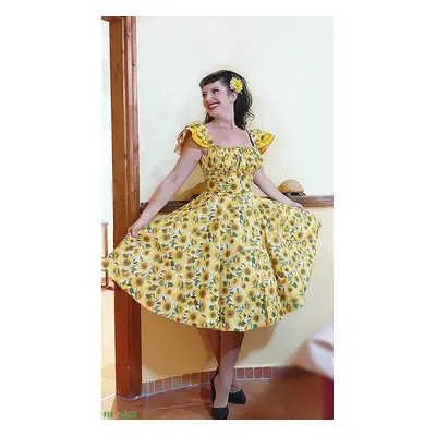 Pinup Rockabilly ruha napraforgó mintás, pillangó ujjú, romantikus