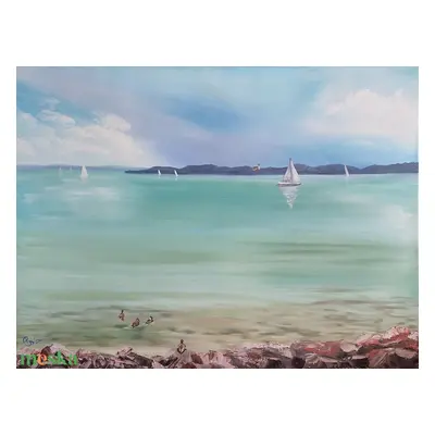 Balaton Alsóörsről Tihany látképével - 80x60xcm, olaj tájkép feszített vásznon