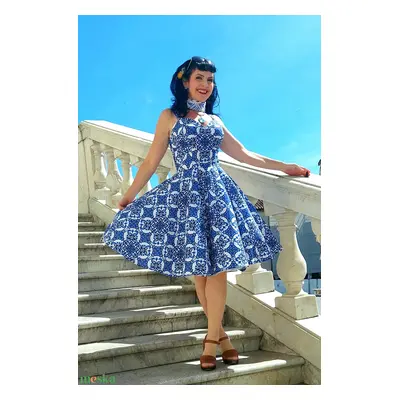 Pinup Rockabilly ruha, kék majolica, azulejo csempe mintás