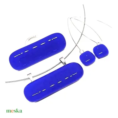 NEMESACÉL - Királykék macskanyelv üveg medál, gyűrű és design lógós fülbevaló, üvegékszer szett