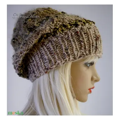 SZILVI-SAPI / tweed - trendi chunky beanie, kézzel kötött gyapjú sapka