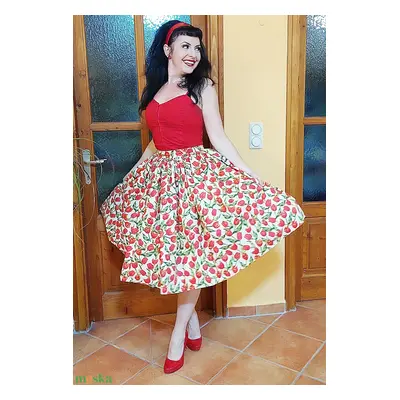 Pinup Rockabilly szoknya fehér alapon tulipános, húzott derekú