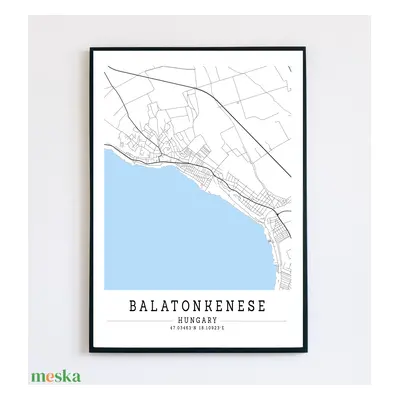 Balatonkenese fekete-fehér minimalista dekorációs térkép