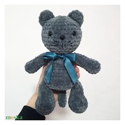 Horgolt amigurumi plüss szürke cica