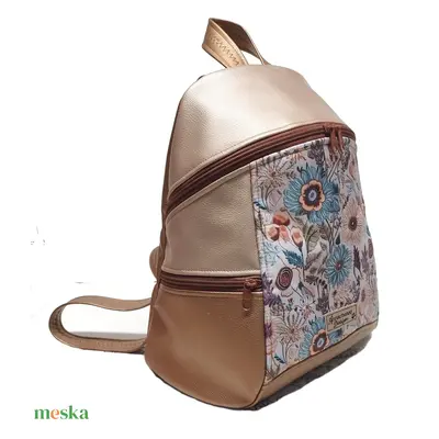 MAXIM BackPack L hátizsák - Réti virágok púder és bronz alapon textilbőr pántokkal