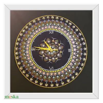 Fekete mandala óra sárga mutatókkal 35 cm