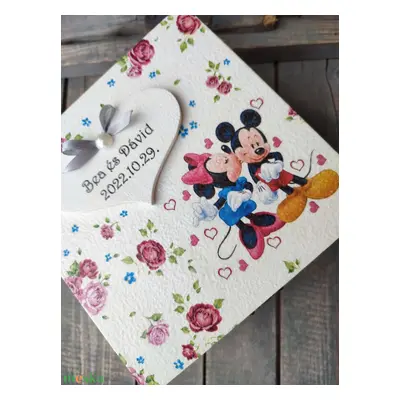 Mickey és Minnie, egyedi feliratos díszdoboz, esküvőre, vagy bármilyen más ünnepi alkalomra. - R