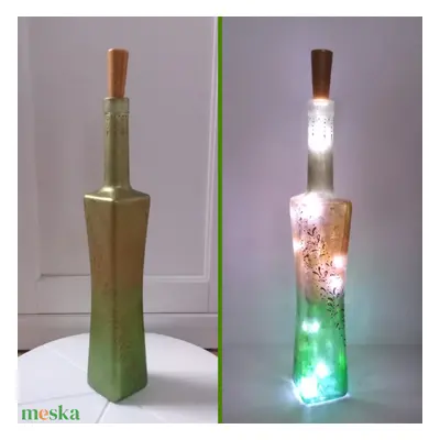 Zöldarany indamintás lámpás - egyedi festett üveg bottlelamp