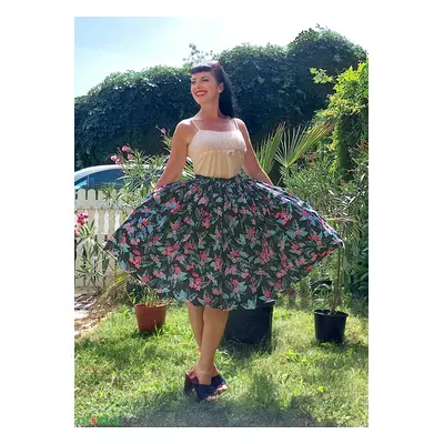 Pinup Rockabilly szoknya, Flamingó mintás, trópusi virágos