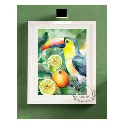 Tukán, trópusi madár, citrus, pálma, narancs, falikép, PRINT (keret nélkül)