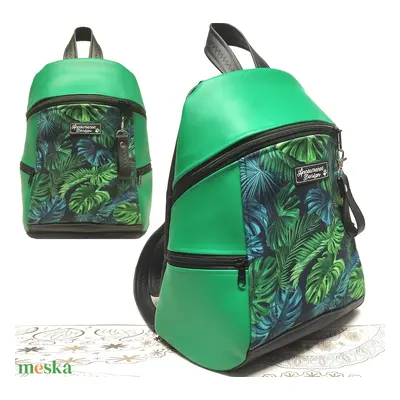 MAXIM BackPack L hátizsák - Pálmalevelek zöld fekete alapon textilbőr pántokkal 36x28x16