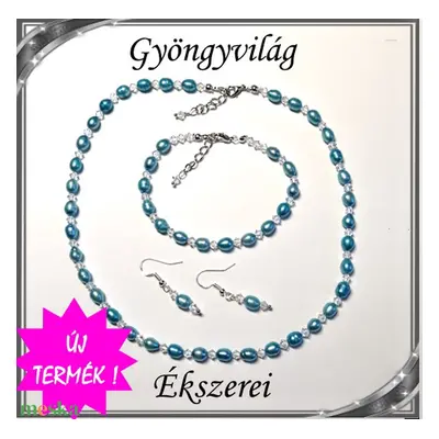 Édesvizi igazgyöngy-swarovski szett, ezüstözött kapoccsal SSZEB-IG04 7,5x6 kék