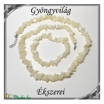 Ásvány chips nyaklánc-karkötő szett, ezüstözött kapoccsal SSZEB-ÁS03 White Jade