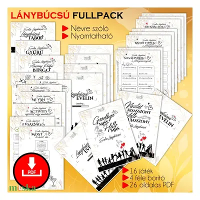 Lánybúcsú FULLPACK feladatgyűjtemény/ 26 oldalas nyomtatható PDF/ a menyasszony nevével, ajándék