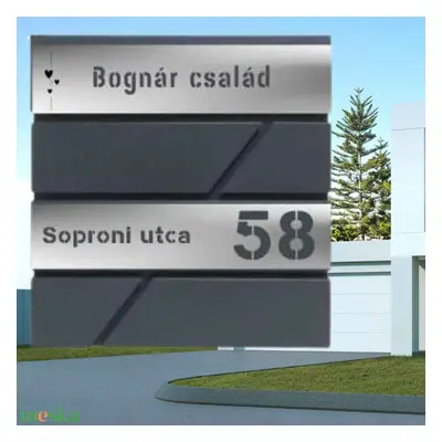 Modern feliratos postaláda névtáblával-utcanévvel-házszámmal /szívcsokorral