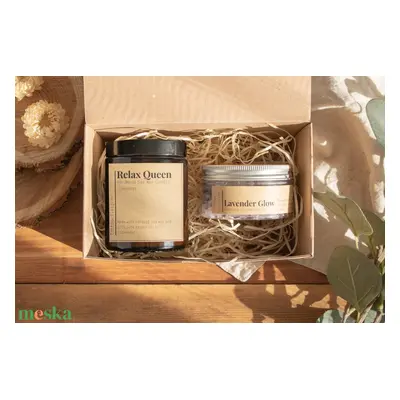 Relax ajándékcsomag, Ajándék nőknek, Levendulás Szójaviasz Gyertya, Self Care Gift Box, Koszorús