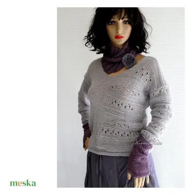 "BARKA" BabyAlpaca Silk- kézzel kötött exkluzív artsy-design pulóver / gyöngy-szürke