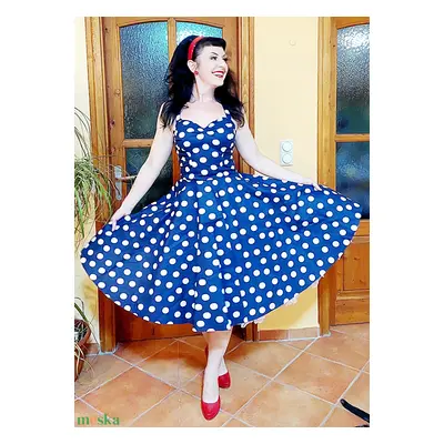 Pinup Rockabilly ruha kék alapon fehér pöttyös