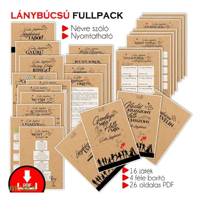 Lánybúcsú FULLPACK feladatgyűjtemény/ 26 oldalas letölthető, nyomtatható PDF/ a menyasszony nevé