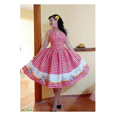 Pinup Rockabilly ruha piros fehér kockás, százszorszép bordűrös, country, romantikus