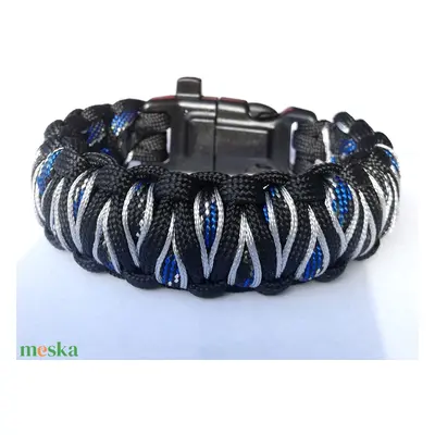 Taktikai túlélő paracord karkötő 3 funkciós csattal DRAGON EYE fekete-kék-antik ezüst (felnőtt M