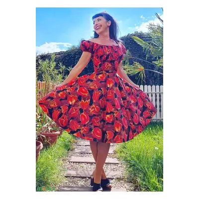 Pinup Rockabilly ruha tulipan mintás, romantikus puffos ujjú