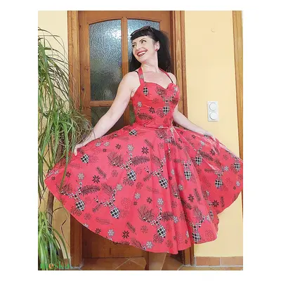 Pinup Rockabilly ruha, LIMITÁLT, szarvasok, skótkockás karácsonyi mintás piros hópehely