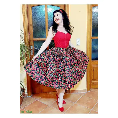 Pinup Rockabilly szoknya fekete alapon tulipános, húzott derekú