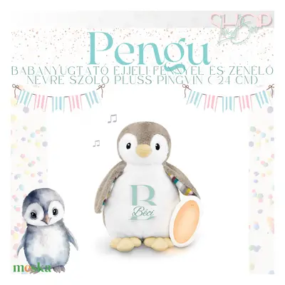 Pengu - Babanyugtató éjjeli fénnyel és zenélő névre szóló plüss pingvin ( 24 cm)