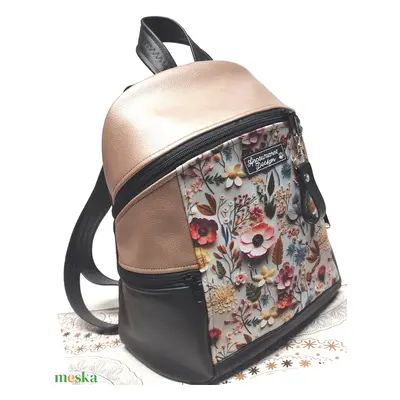 MAXIM BackPack L hátizsák - 3D hatású virágokkal púder és fekete alapon textilbőr pántokkal 36x2