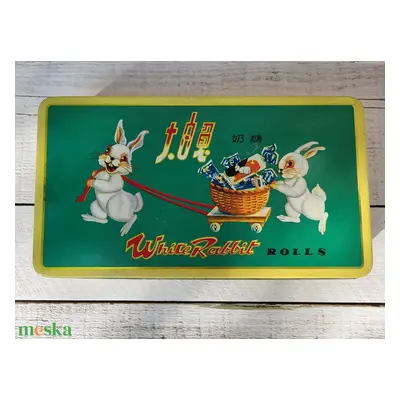 Vintage,retro, ikonikus White Rabbit Rolls fém cukorkásdoboz_China