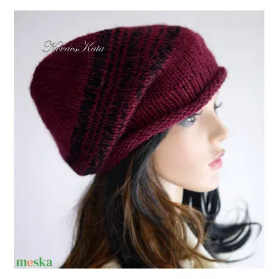 BEANIE LUX / teve - trendi kézzel kötött teveszőr-merinó-kidmohair sapka / bordó+fekete