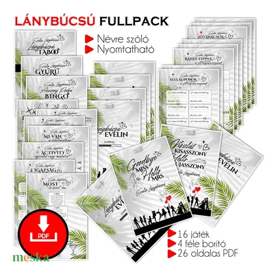 Lánybúcsú FULLPACK feladatgyűjtemény/ 26 oldalas nyomtatható PDF/ a menyasszony nevével, ajándék